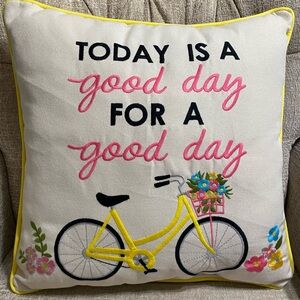 Today is a Good Day Pillow Embroidered Spring Bicycle Flowers Square 18"x18"
